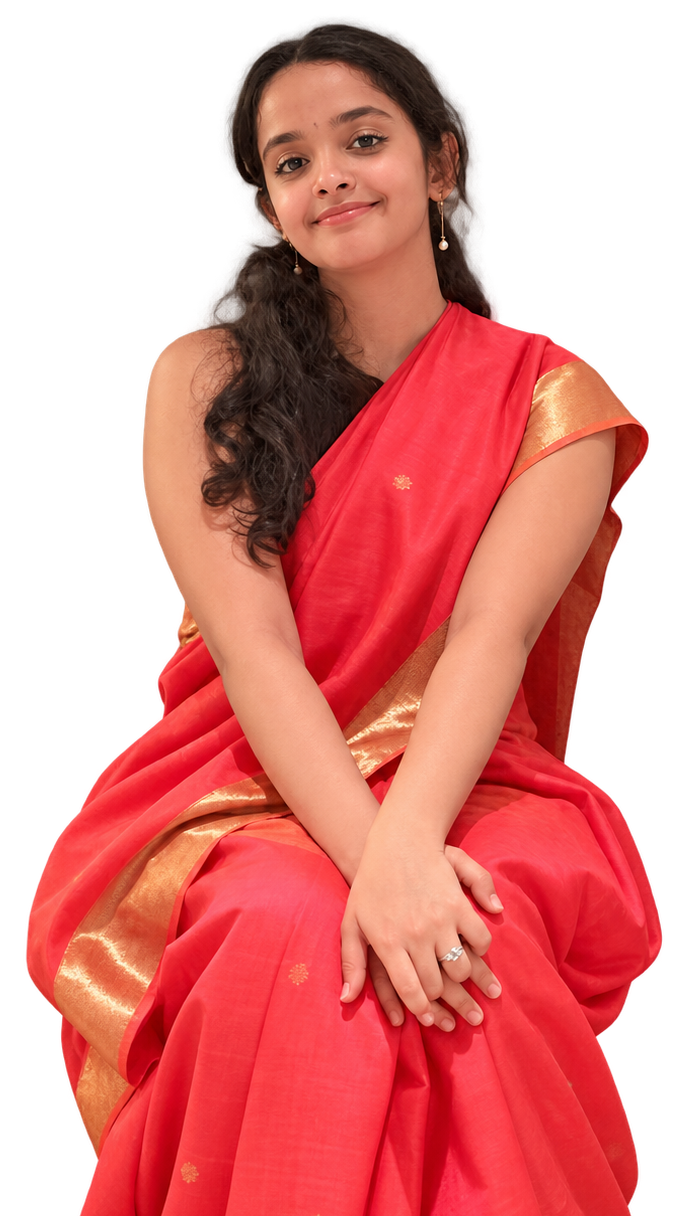 Shruti Shankar Narayanan, seated, looking into the camera.