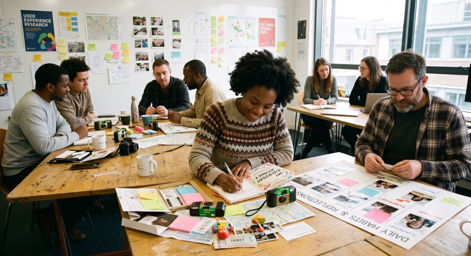 A research team gathered around a table covered in cultural probe materials: disposable cameras, a hand-annotated map, a journal titled 'My Everyday Journey,' and printed photographs arranged under handwritten headers reading 'Daily Habits & Reflections' and 'Surprises.'