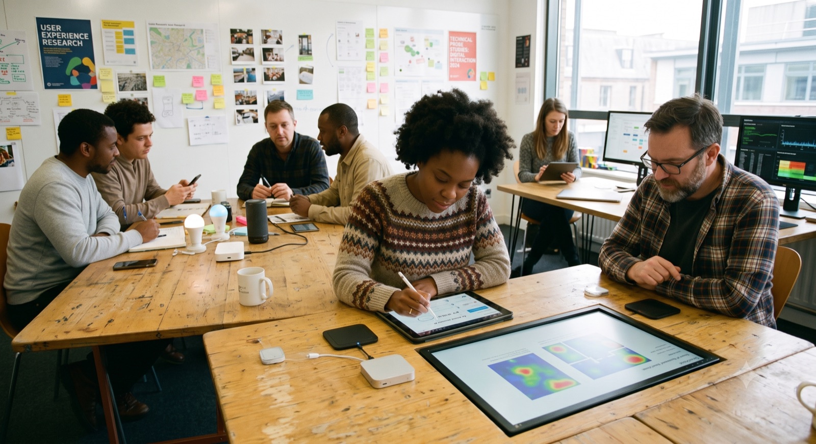 A researcher annotates a tablet showing a live interface next to a large touchscreen displaying interaction heatmaps, surrounded by connected devices on the table (smart bulbs, a hub, a speaker, and sensors): instrumented technology deployed to log real usage.