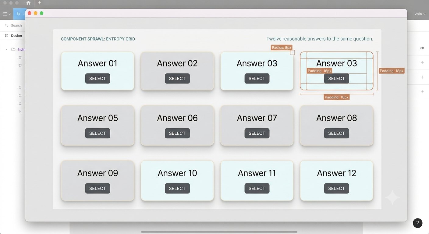 A design tool showing twelve near-identical cards, each with a title and a Select button. Their corner radii, padding, and background shades differ slightly. One card is selected, its inspector revealing an 8px radius and 18px padding that none of its neighbours share.
