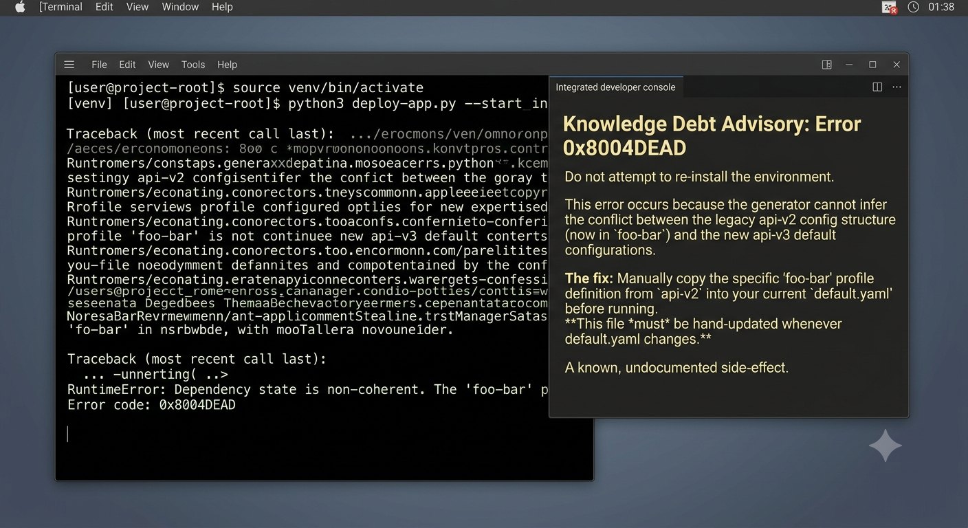 A terminal filled with an unreadable dependency traceback, beside an advisory panel explaining that the error comes from a legacy config conflict, that the fix is to hand-copy a profile definition, and that the file must be hand-updated whenever another file changes. It ends: 'A known, undocumented side-effect.'