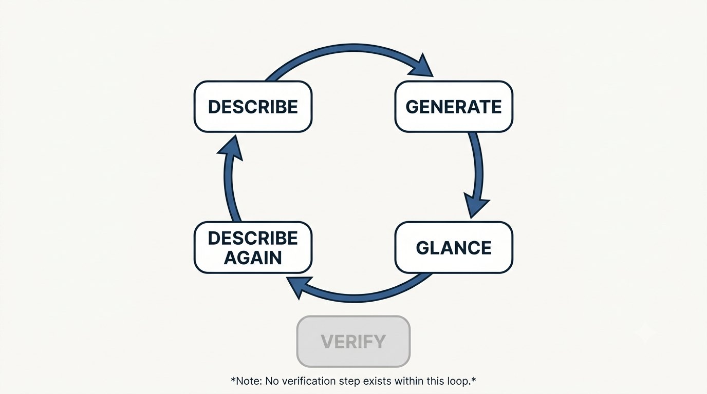 A four-step cycle diagram: Describe, Generate, Glance, Describe Again, connected by arrows into a closed loop. A greyed-out Verify node sits outside the circle, connected to nothing.