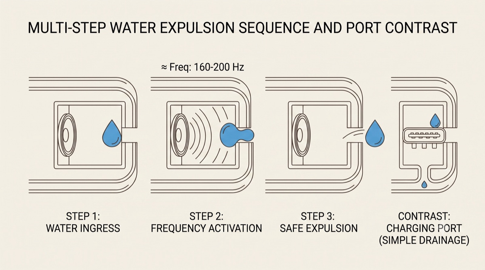 Diagram of a speaker cavity in three steps: a water droplet resting in the chamber against the port, the diaphragm oscillating with visible sound waves pushing the droplet toward the opening, and the droplet clear of the chamber. A fourth panel shows a USB-C port beside the same cavity, with no equivalent mechanism to push water out.