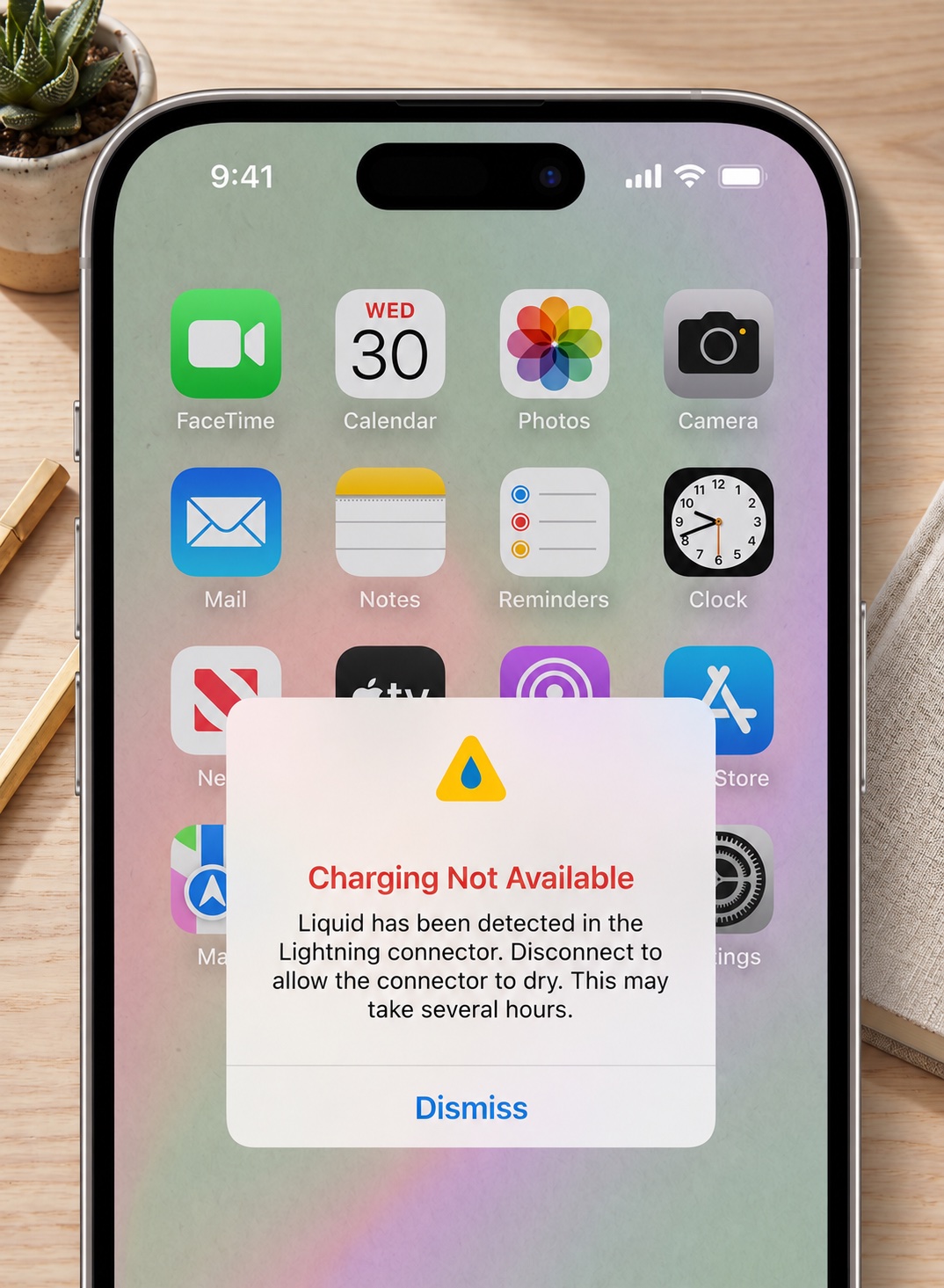 An iPhone lock screen showing a system alert: 'Charging Not Available. Liquid has been detected in the Lightning connector. Disconnect to allow the connector to dry. This may take several hours.' with a single Dismiss button.