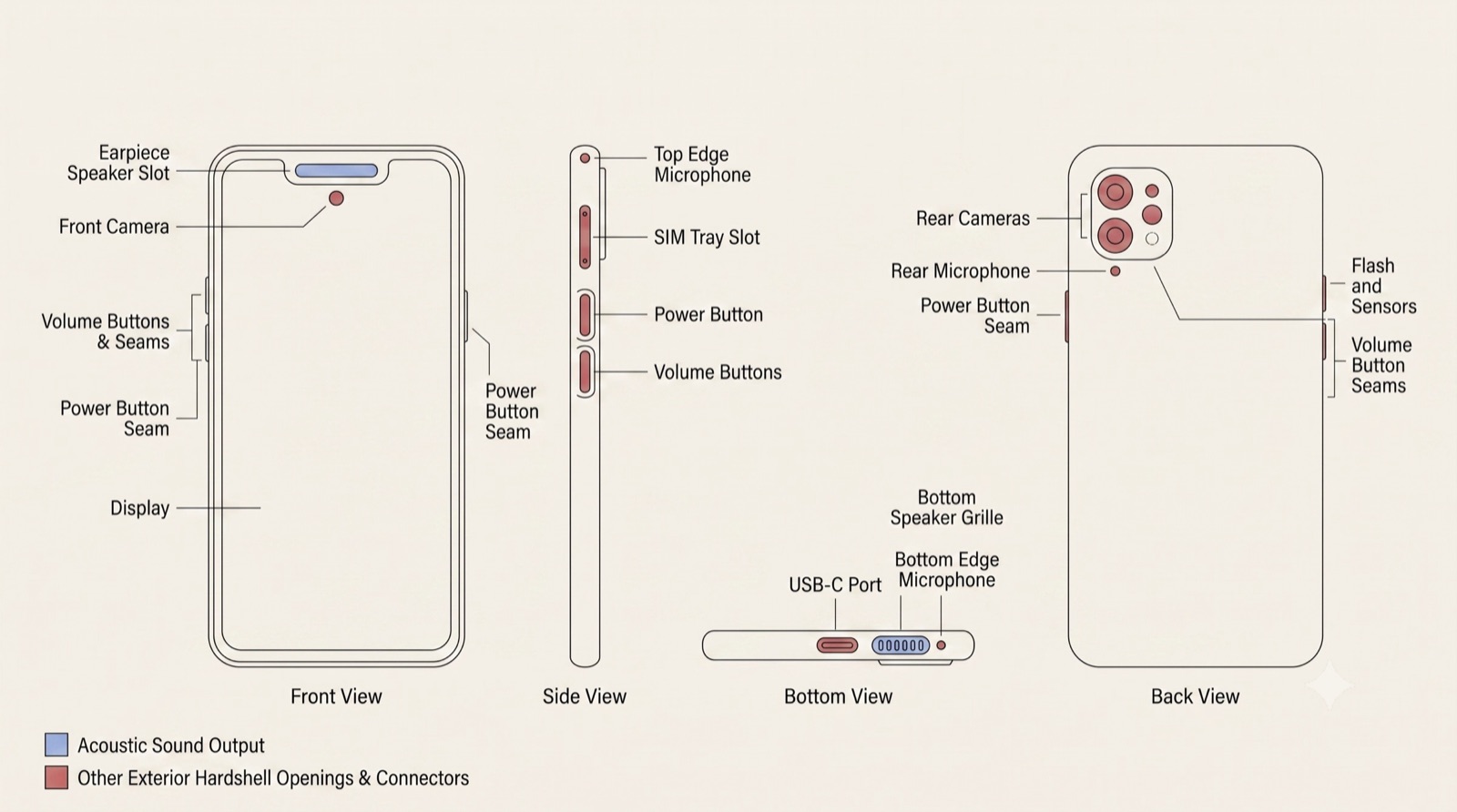A phone shown from the front, side, bottom, and back, with every exterior opening marked: earpiece speaker, front camera, volume and power button seams, top microphone, SIM tray, bottom speaker grille, USB-C port, bottom microphone, rear cameras, rear microphone, and flash. Acoustic sound output is marked in blue; every other opening and connector is marked in a second colour.