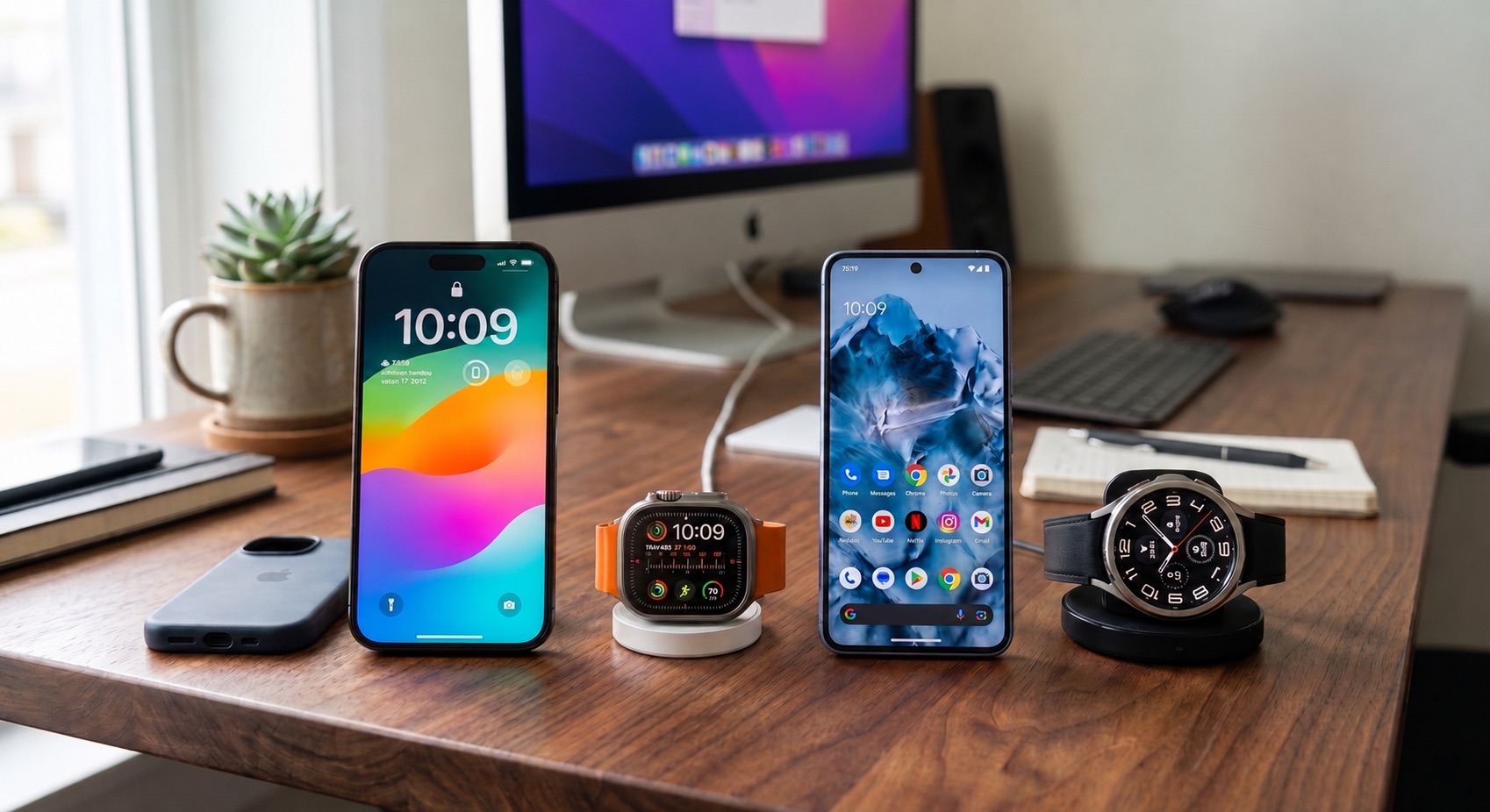 Two phone-and-watch pairs on a wooden desk: an iPhone beside an Apple Watch Ultra on its charging puck, and a Pixel phone beside a Galaxy Watch on its charger. Both watches can drive water out of their own speakers. Neither phone ships the feature.