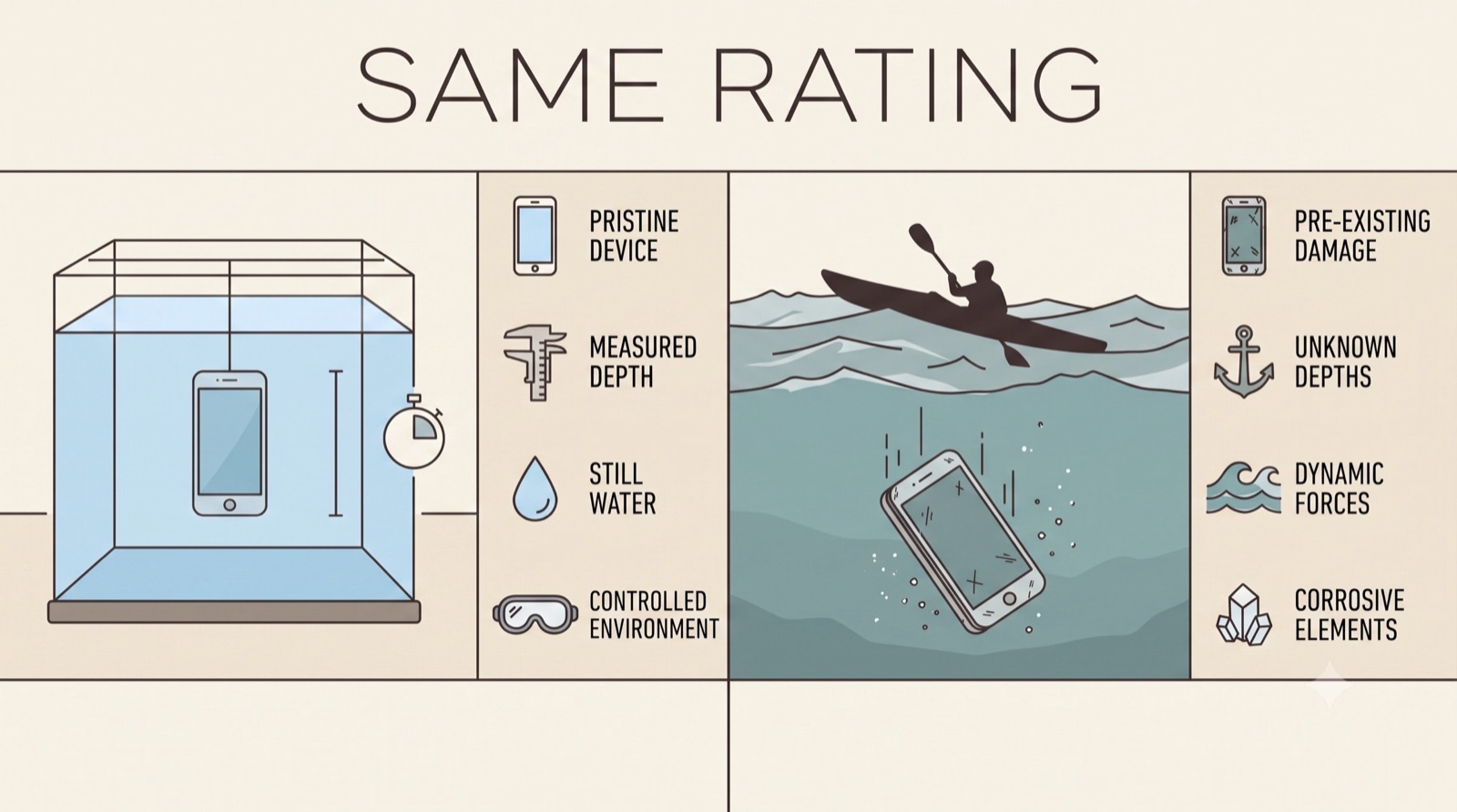 Split illustration labelled 'Same Rating'. Left: a pristine phone lowered on a string into a glass tank of still water, measured depth, a timer, and safety goggles beside it, labelled pristine device, measured depth, still water, controlled environment. Right: a kayaker on choppy open water, with a phone tumbling below the surface showing scratches and cracks, labelled pre-existing damage, unknown depths, dynamic forces, corrosive elements.