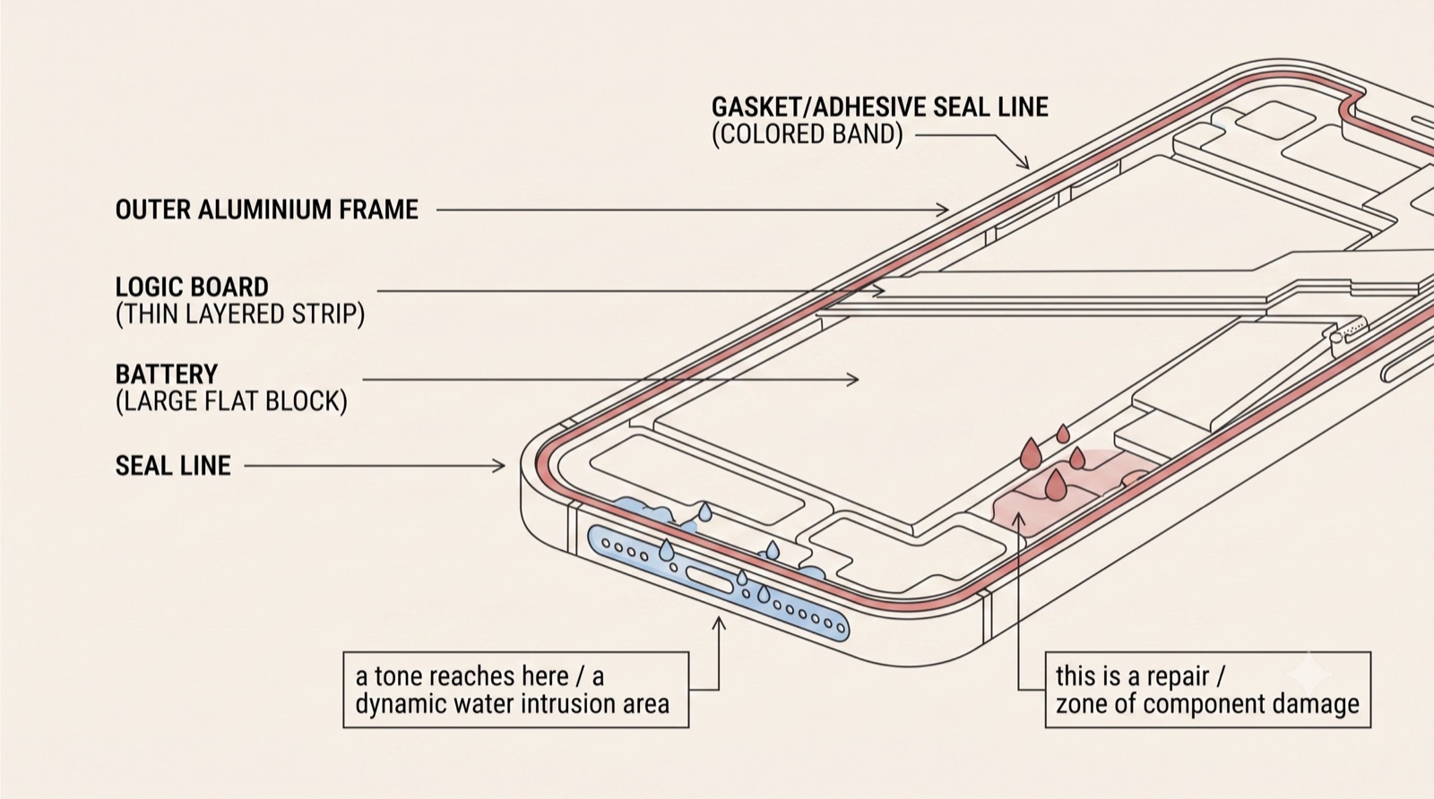 Exploded cross-section of a phone's bottom corner, showing the outer aluminium frame, a gasket and adhesive seal line running the perimeter, and inside the seal the battery and logic board. Blue droplets sit in the exterior speaker and port cavity, labelled 'a tone reaches here.' Red droplets sit past the seal line near the battery and board, labelled 'this is a repair.'