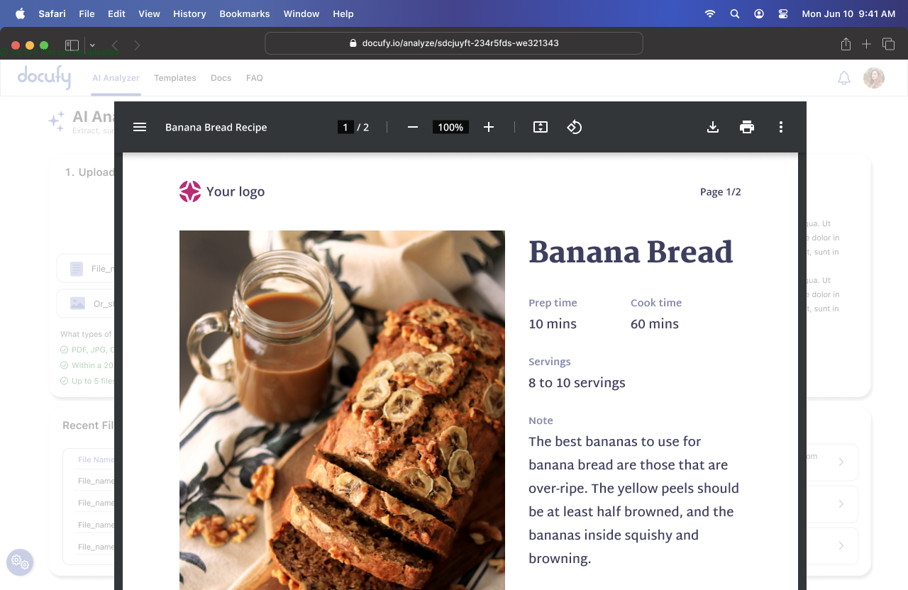 Docufy: Banana Bread recipe document analyzed with editorial output view