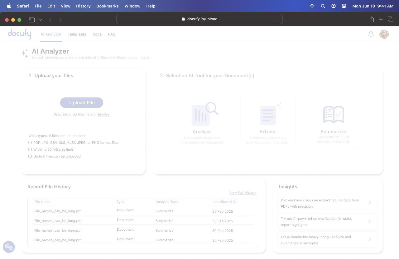 Docufy: AI processing state with visible progress feedback while the document is analyzed