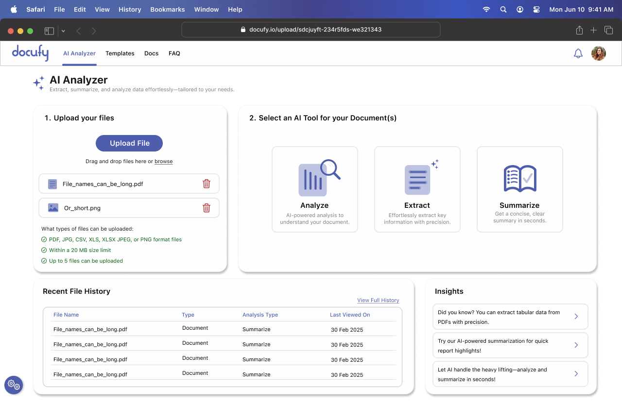 Docufy: document upload in progress with active processing indicator