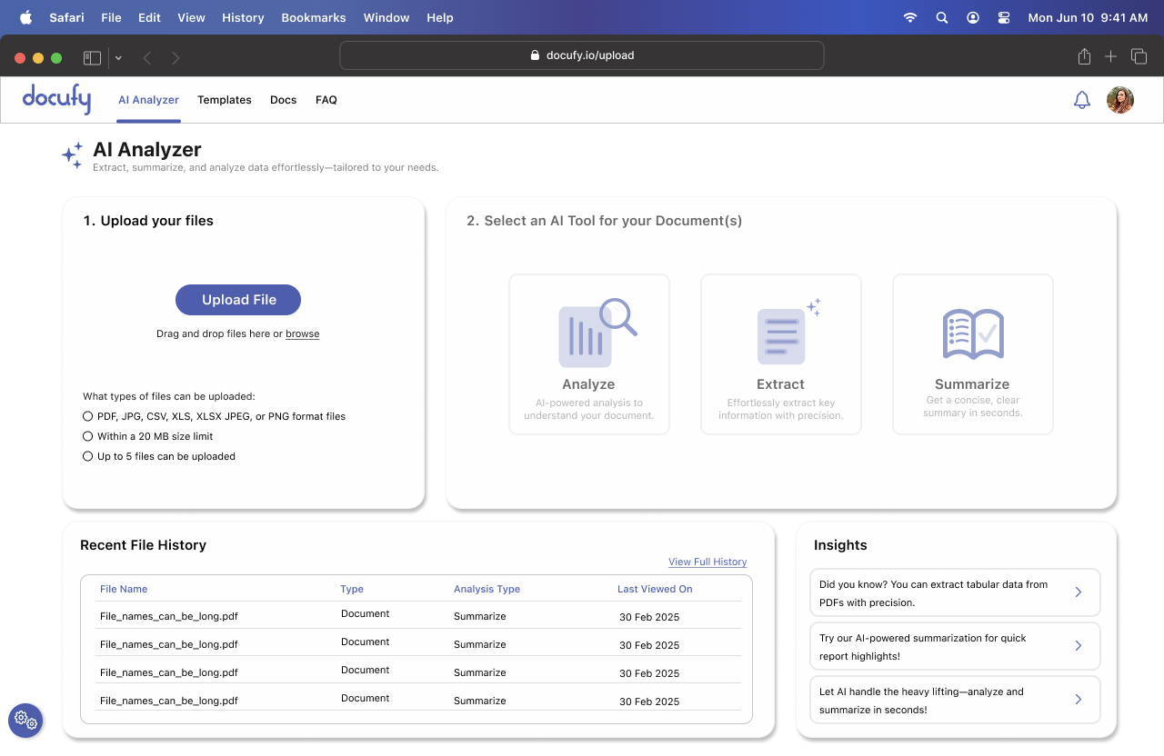 Docufy: empty upload state showing the AI Analyzer shell with drag-and-drop zone and recent history table