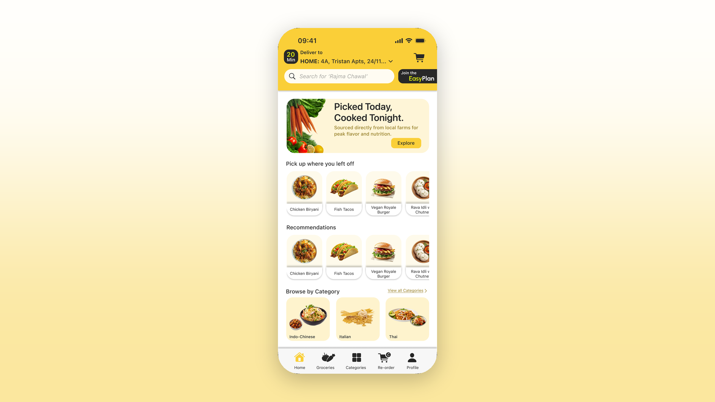 GrocEasy: the home feed with a 'Picked Today, Cooked Tonight' local-farm banner, a 'Pick up where you left off' row of dishes, a Recommendations row, category tiles for Indo-Chinese, Italian and Thai, and a five-item bottom navigation bar