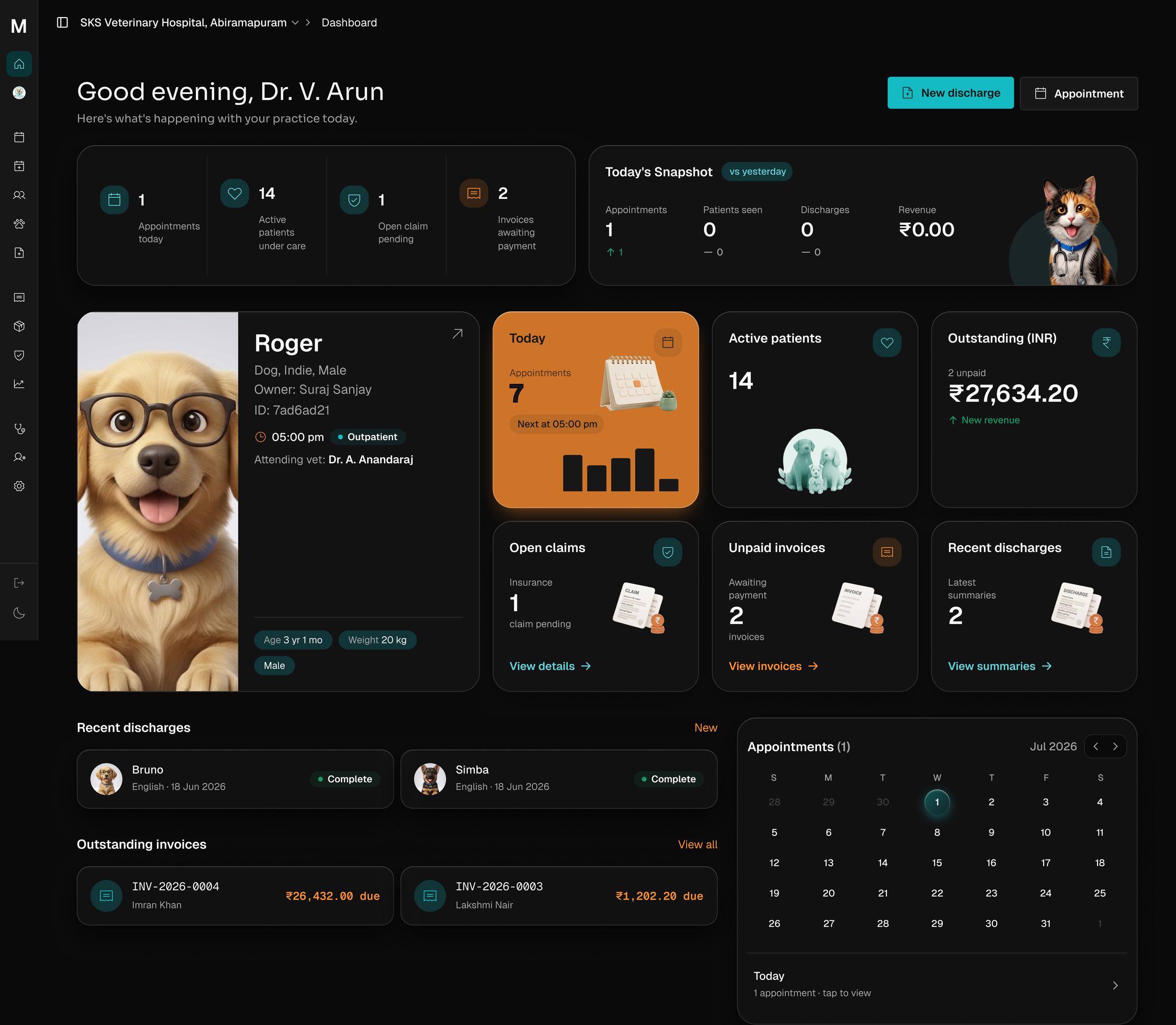 MediClear: the same clinician dashboard rendered in dark mode, with the teal and warm-orange palette holding its hierarchy against a near-black surface