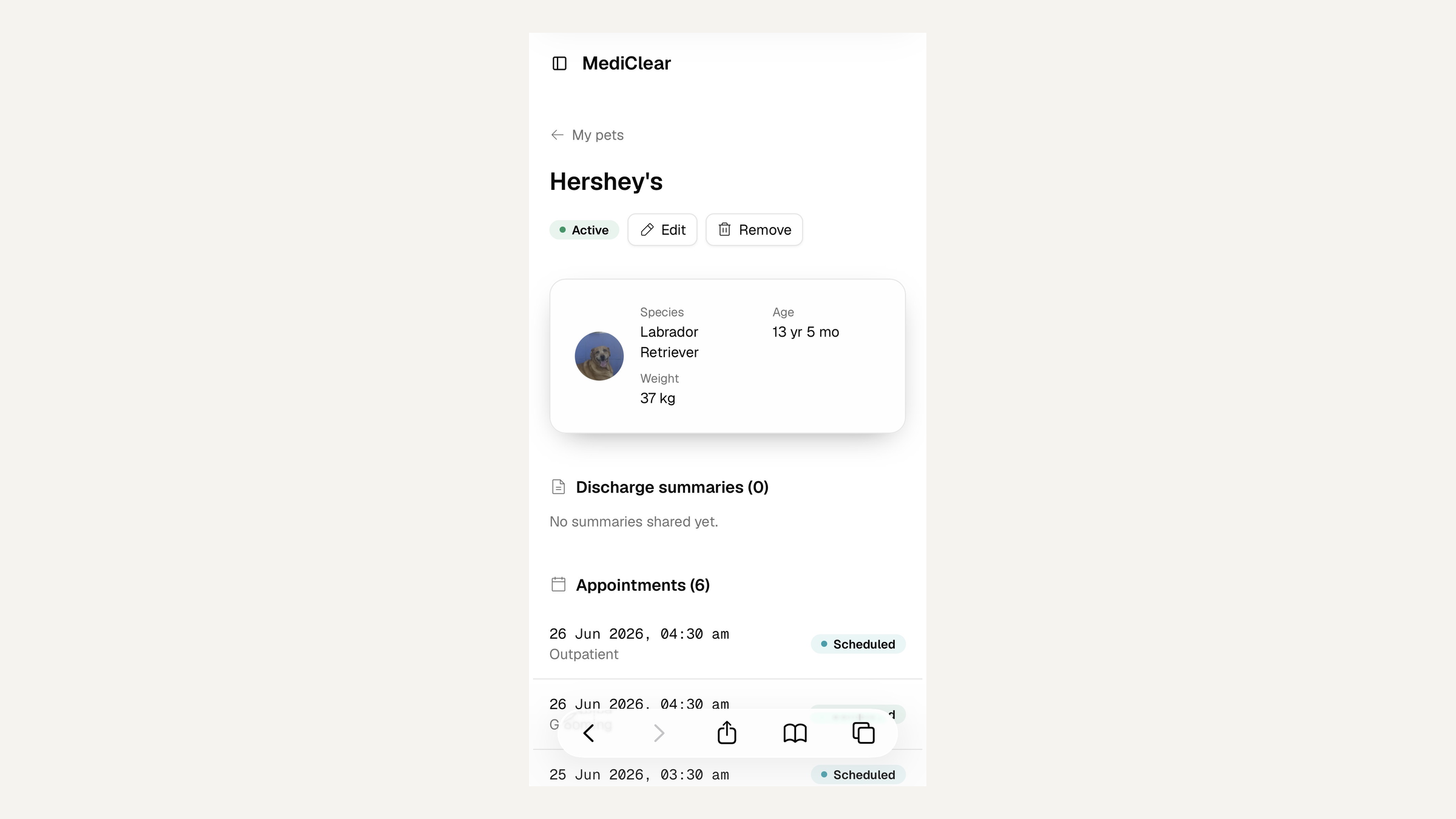 MediClear: the pet parent portal on mobile, showing Hershey's record — species, age, weight, discharge summaries, and upcoming appointments