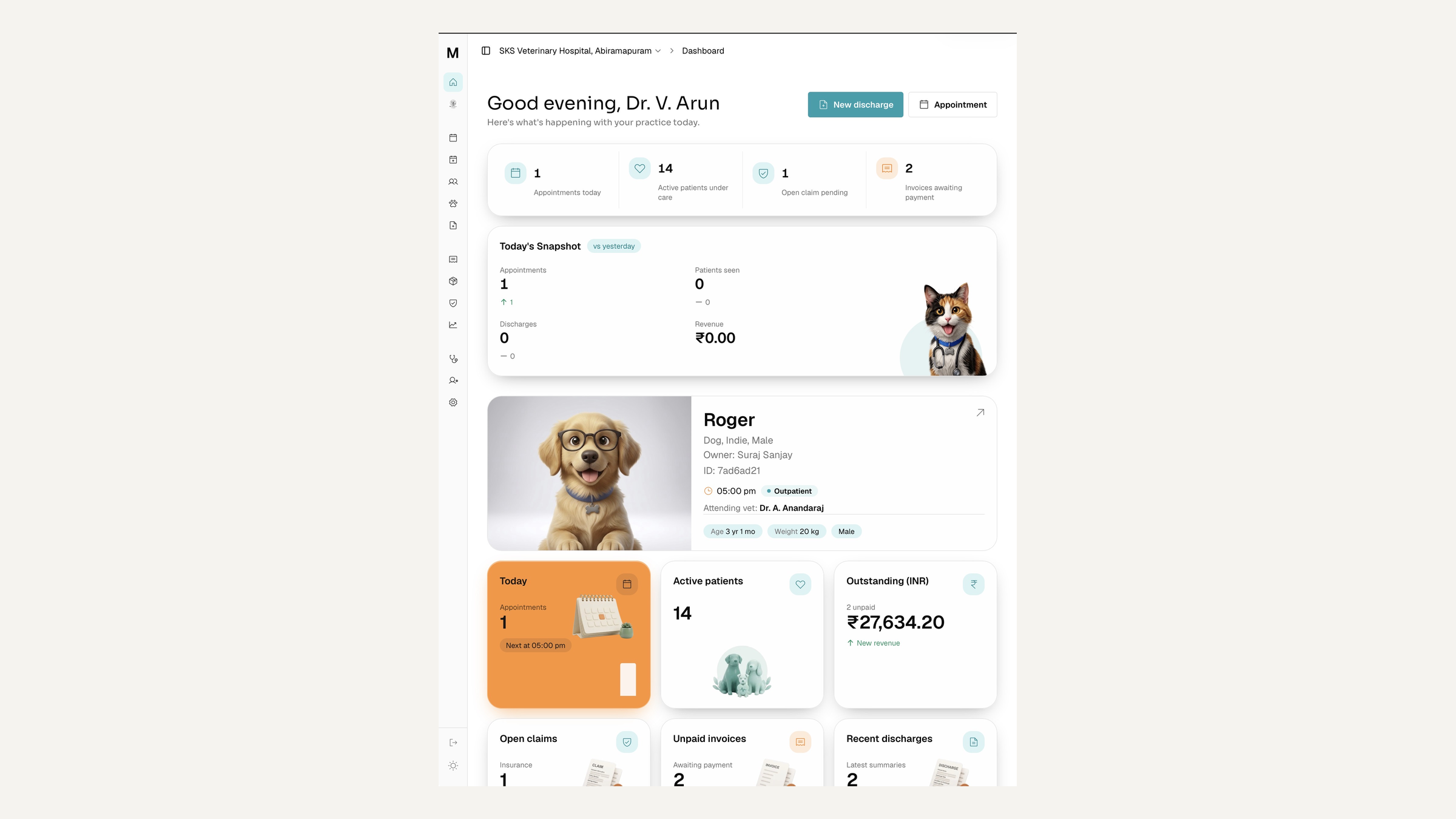 MediClear: the clinician dashboard at a narrow viewport, with the metric strip and card grid reflowing into a single scrollable column
