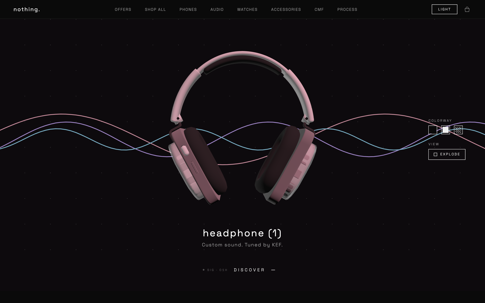 Nothing concept site: headphone (1) rendered in 3D with waveform lines passing through the earcups, colorway switcher and exploded-view control at right