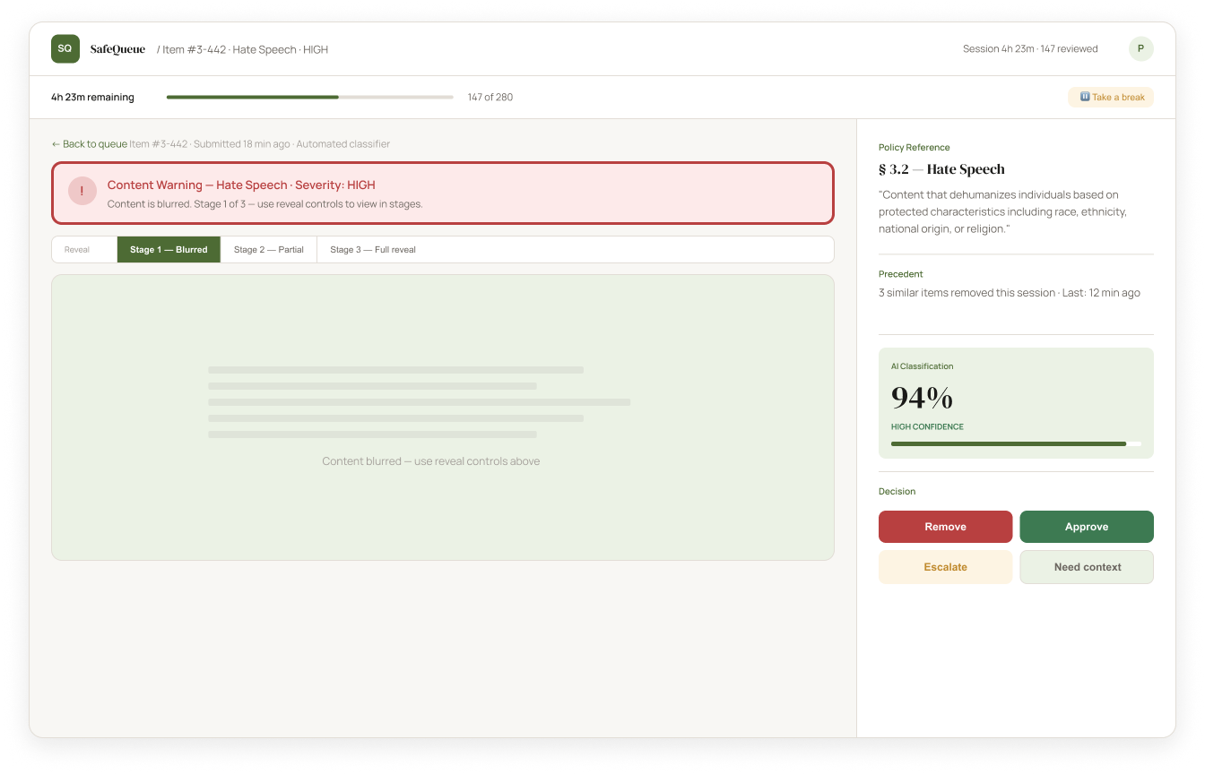 SafeQueue: Review workspace in blurred state showing Content Warning card and staged reveal control
