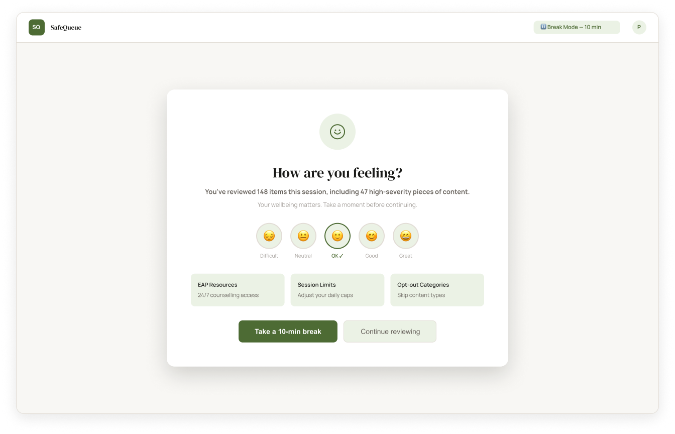 SafeQueue: Wellbeing check-in modal asking 'How are you feeling?' with emoji rating and break options