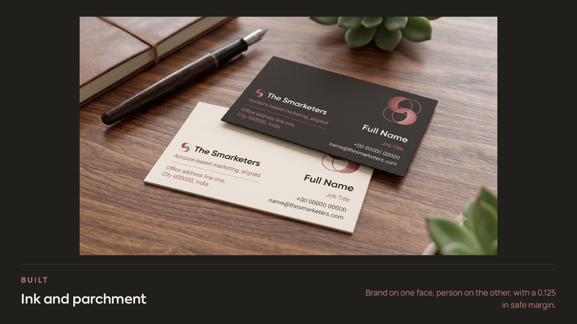 Business cards in ink and parchment on a desk, brand on one face and person on the other, with the mark cropped large behind the name