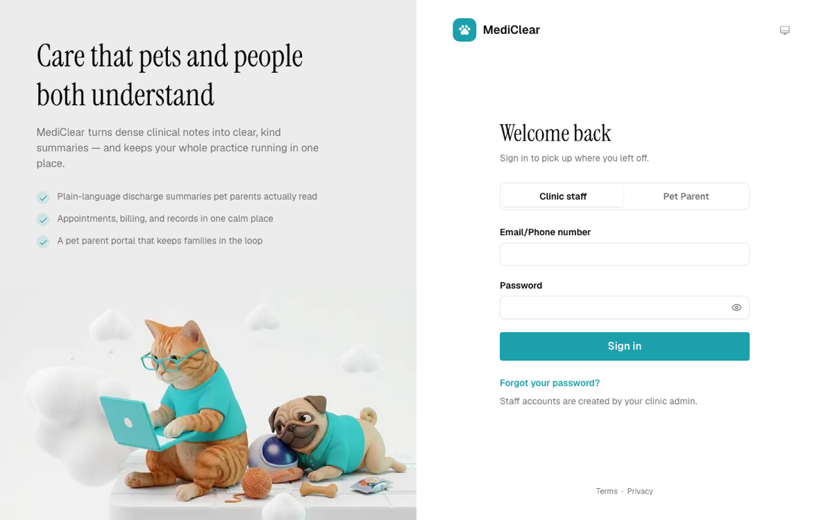 The MediClear sign-in screen, showing the product's headline and feature list beside the login form